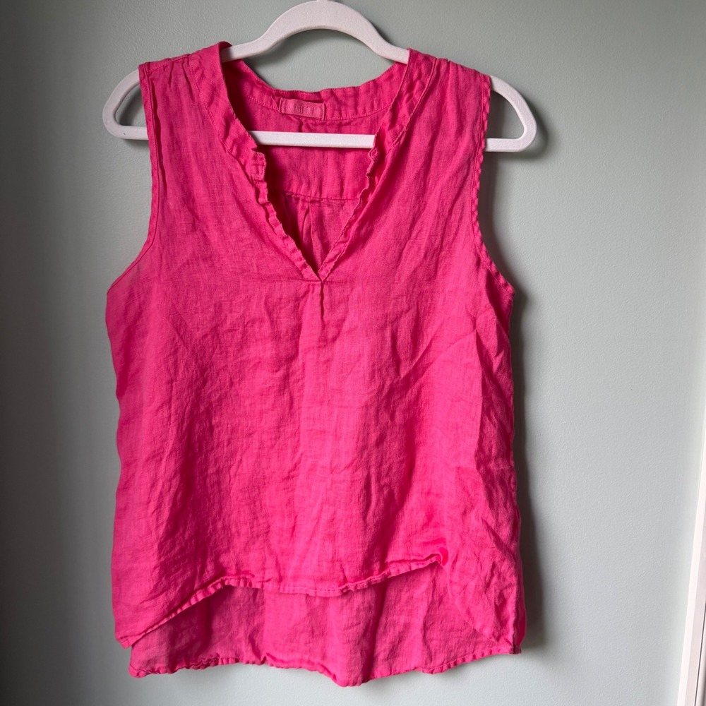 CP Shades 100% Linen Hot Pink Sleeveless Top Split V-Neck Coastal Beachy Size XS
